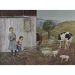 Miriam Boroff (1912-2021), watercolour girl and young boy playing with piglets in a farmyard, signed
