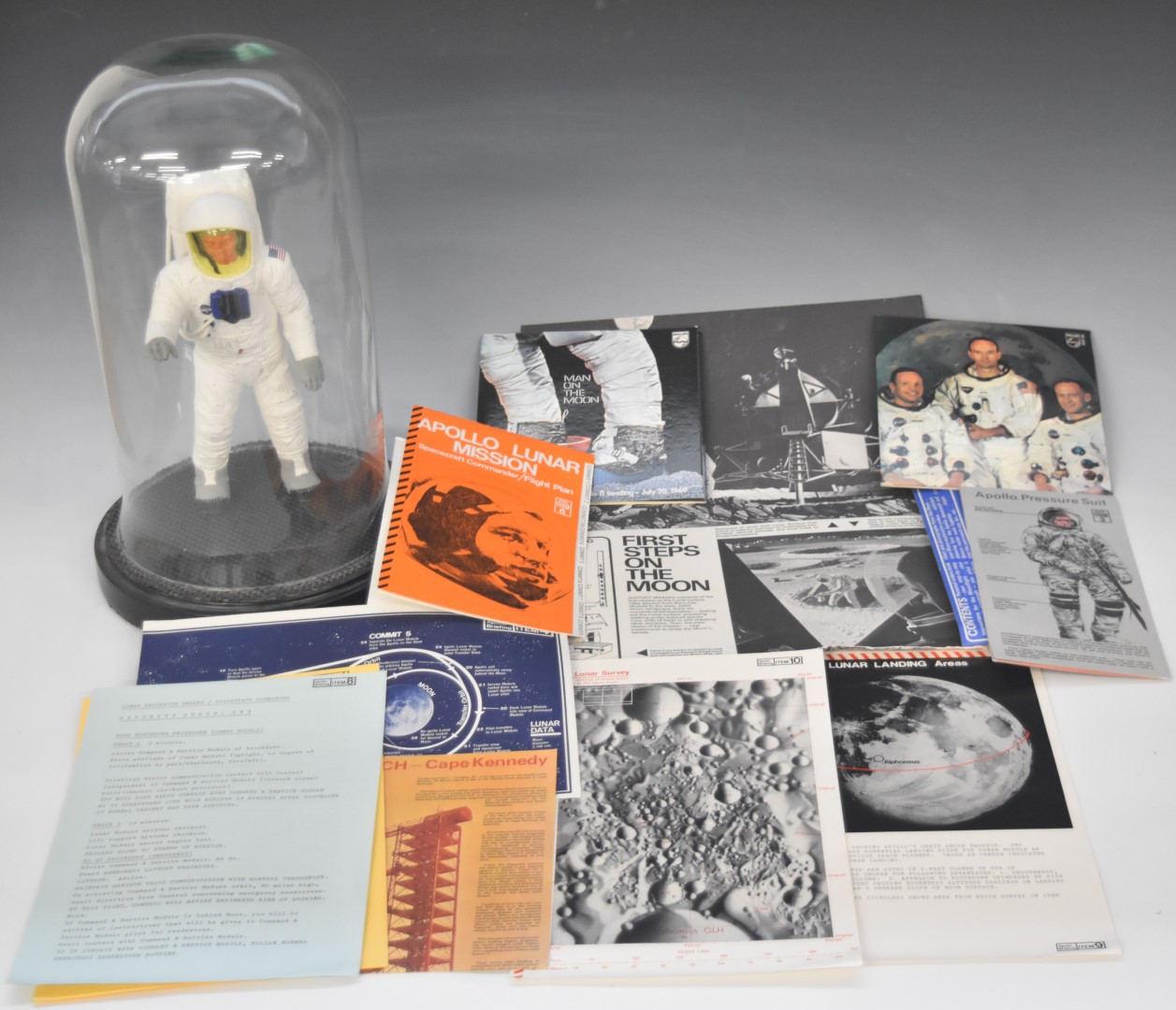 Touchdown on the Moon Gemini Datakit 1 from 1969 and a model of an astronaut under a glass dome,