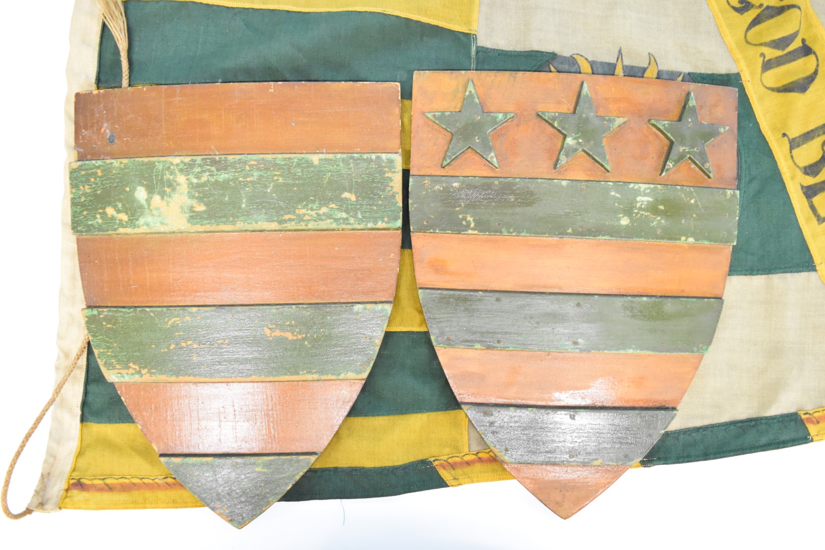 Flag, framed drawing of a similar flag titled Monkton and two wooden coats of arms, length of flag - Image 3 of 6