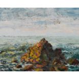 M E Williams oil on board impressionist seascape 'The Rock Sandymouth', titled, priced at 8gns and
