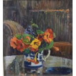 Rita Greigg RWA ROI NEAC (1918-2011) oil or acrylic on board 'Nasturtium flowers & reflections',