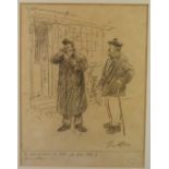 George Belcher (1875-1947) charcoal study of two gentlemen outside a shop, with caption below,