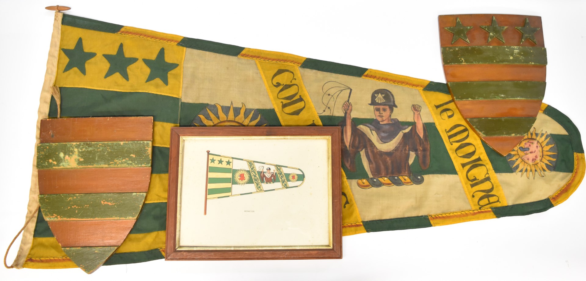 Flag, framed drawing of a similar flag titled Monkton and two wooden coats of arms, length of flag
