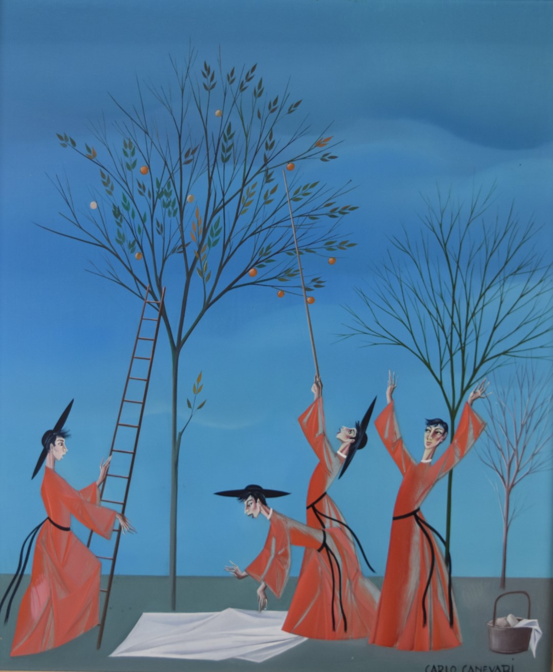 Carlo Canevari (1922-1996) oil on panel ladies fruit picking, signed lower right, 43 x 36cm in