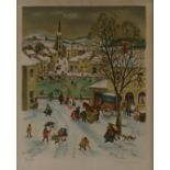 Paul Lemasson (1897-1971) signed limited edition (96/300) print winter townscape with skaters on the