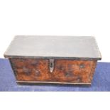 18th/19thC leather bound wooden coachman's trunk or chest with fitted interior to house two