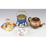 Wedgwood bachelor's teapot in the style of Louise Wood, Sadler teapot, Jasperware biscuit barrel and