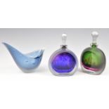 Three pieces of studio glass comprising two Jane Charles signed scent bottles and a Deborah Fladgate