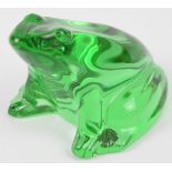 Baccarat green glass frog paperweight with etched logo to base, 10cm long.