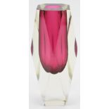 Murano sommerso glass vase with cranberry centre and faceted clear casing, 17.5cm tall.