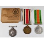 WW1 War Medal named to 7564 Pte W James, Devonshire Regiment, WW2 Defence Medal and Special