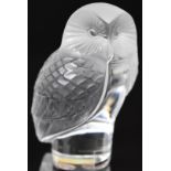 Lalique frosted and clear glass owl paperweight, with original label and signed 'Lalique France'