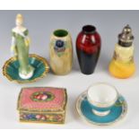 Royal Doulton flambé vase and one other, figurine, sugar sifter, Minton casket etc, tallest 16cm