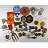 Small collection of cloth and metal military badges and commemorative coins / medals including