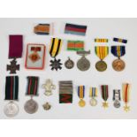 Small collection of medals including copy Victoria Cross, copy Ashanti Star etc and a hallmarked