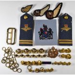 Three Royal Air Force navigator's brevet badges, rank boards, rank badge and buttons