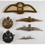 Six WW1 Royal Flying Corps badges, two with blades and one stamped silver