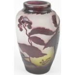 Emile Gallé style cameo glass vase with purple decoration of berries and foliage over a clear