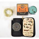 A wallet of trout fishing flies, JW Young fly fishing reel in box, Condex reel and fly line