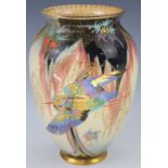 Carltonware Art Deco pedestal vase with enamelled decoration of a stork or egret, height 21cm