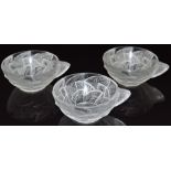 Three René Lalique Ormeaux frosted and clear glass Tasse à Glace ice cream cups, each signed 'R