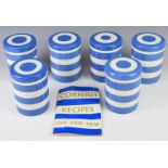 Six T G Green Cornishware storage jars / containers and a recipe book, height 14.5cm