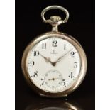 Omega Grand Prix silver keyless winding open faced pocket watch with ornate gold hands, black Arabic