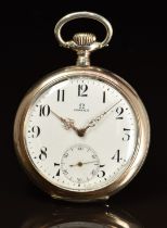 Omega Grand Prix silver keyless winding open faced pocket watch with ornate gold hands, black Arabic