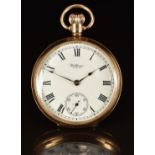 Waltham 9ct gold keyless winding open faced pocket watch with inset subsidiary seconds dial, blued