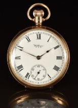 Waltham 9ct gold keyless winding open faced pocket watch with inset subsidiary seconds dial, blued