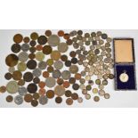 A collection of silver threepences, George IV sixpence, love tokens etc, approximately 104g,