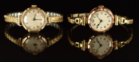 Two unnamed 9ct gold ladies wristwatches one with blue Breguet hands, Roman numerals and silver