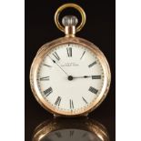 Waltham 10ct gold keyless winding open faced pocket watch with blued hands, black Roman numerals,