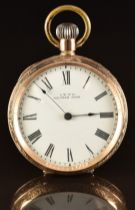 Waltham 10ct gold keyless winding open faced pocket watch with blued hands, black Roman numerals,