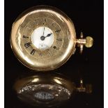 K & Co 14ct gold keyless winding half hunter pocket watch with subsidiary seconds dial, blued hands,