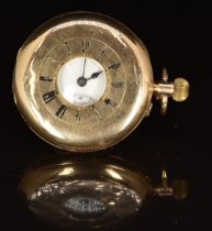 K & Co 14ct gold keyless winding half hunter pocket watch with subsidiary seconds dial, blued hands,