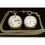 Two open faced pocket watches Paxman's Acme of Tewksbury silver example on silver chain with fob and