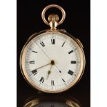 Swiss 9ct gold keyless winding open faced centre seconds chronograph pocket watch with gold hour and