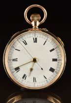 Swiss 9ct gold keyless winding open faced centre seconds chronograph pocket watch with gold hour and