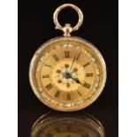 Unnamed 9ct gold open faced pocket watch with blued hands, black Roman numerals, applied silver