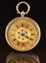 Unnamed 9ct gold open faced pocket watch with blued hands, black Roman numerals, applied silver