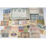 A collection of overseas and UK banknotes and company bond certificates etc to include 'Eaton and