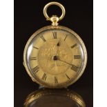 18ct gold open faced pocket watch with blued hands, black Roman numerals, engraved gold dial and