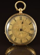 18ct gold open faced pocket watch with blued hands, black Roman numerals, engraved gold dial and