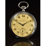 Zena Art Deco silver keyless winding open faced chronometer pocket watch with subsidiary seconds