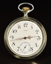 Omega Grand Prix white metal keyless winding open faced pocket watch with subsidiary seconds dial,