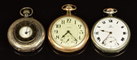 Three keyless winding pocket watches comprising Omega, Illinois gold plated example and a silver