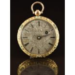Unnamed yellow metal open faced pocket watch with blued Breguet hand, black Roman numerals, engraved