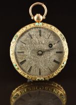 Unnamed yellow metal open faced pocket watch with blued Breguet hand, black Roman numerals, engraved