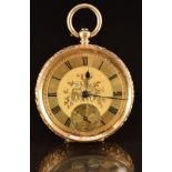 H Samuel Climax 14ct gold open faced pocket watch with blued hands, black Roman numerals, engraved